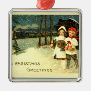 Vintage Snowy Christmas Train Ride Metal Ornament