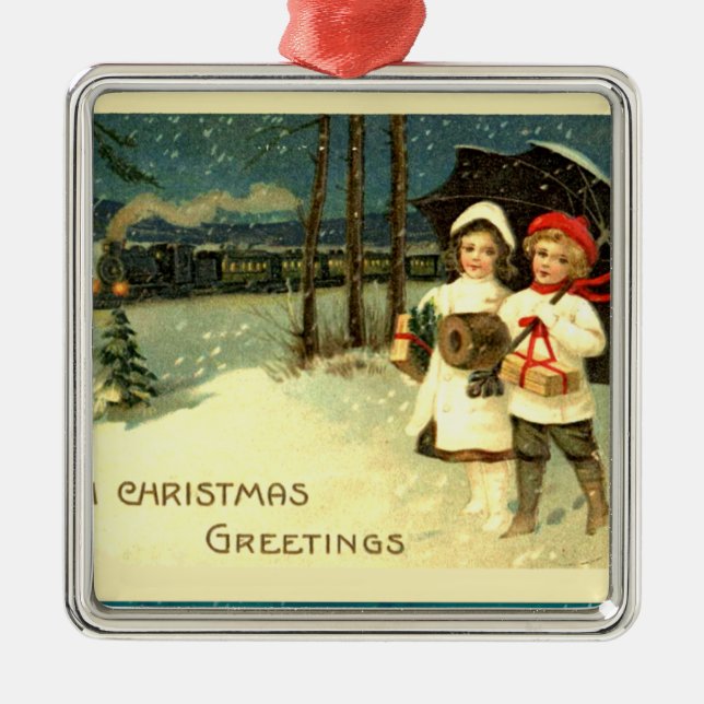 Vintage Snowy Christmas Train Ride Metal Ornament (Front)