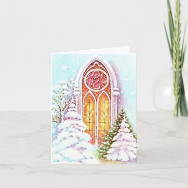 Vintage Snowy Church Window Christmas Card (Front)