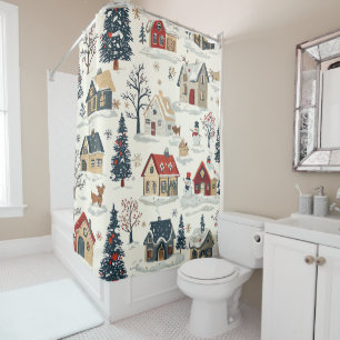 Vintage Snowy Cottages Red Navy Christmas