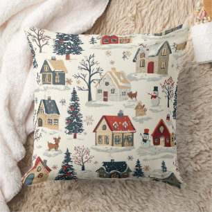 Vintage Snowy Cottages Red Navy Christmas Throw Pillow