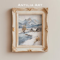 Vintage Snowy Mountain Cabin Landscape