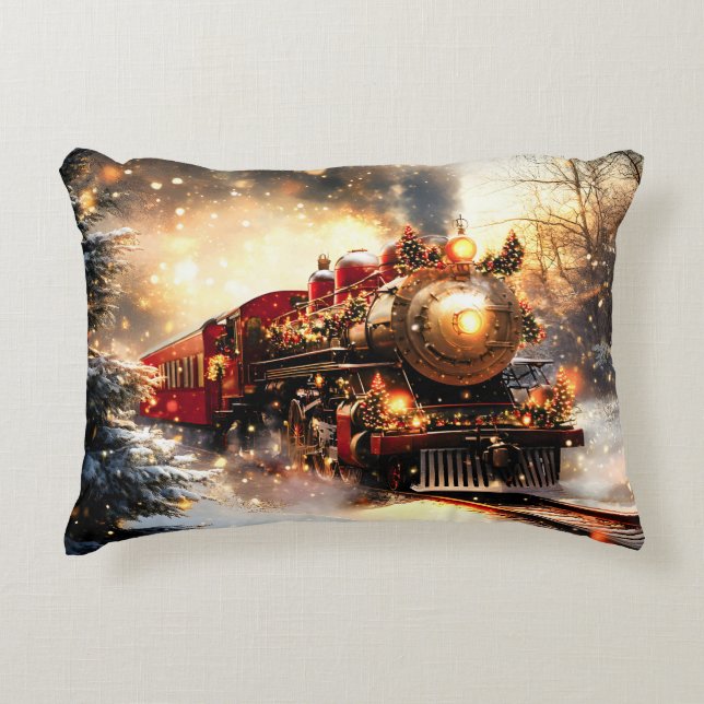 Vintage Snowy Night Christmas Train Express Accent Pillow (Front)