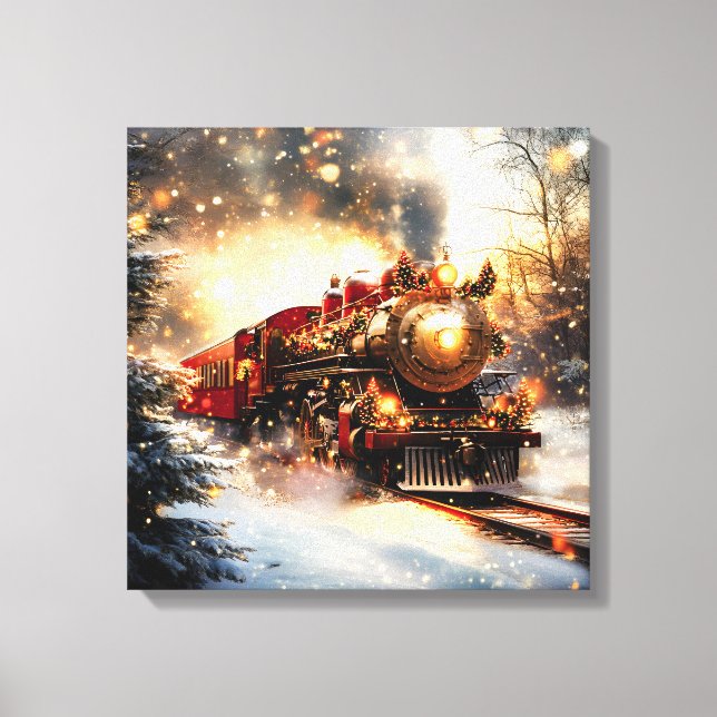 Vintage Snowy Night Christmas Train Express Canvas Print (Front)