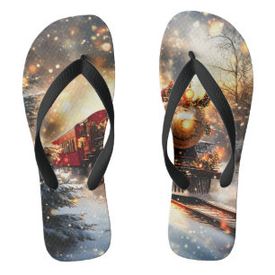 Vintage Snowy Night Christmas Train Express Flip Flops