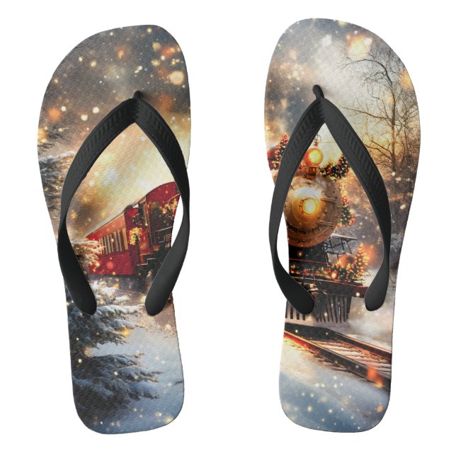 Vintage Snowy Night Christmas Train Express Flip Flops (Footbed)
