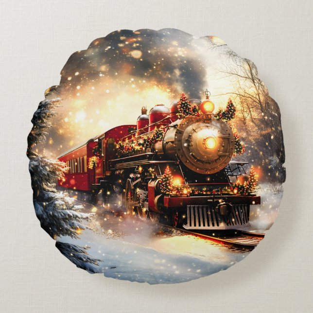 Vintage Snowy Night Christmas Train Express Round Pillow (Front)
