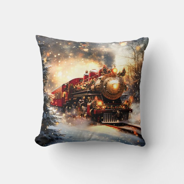 Vintage Snowy Night Christmas Train Express Throw Pillow (Front)