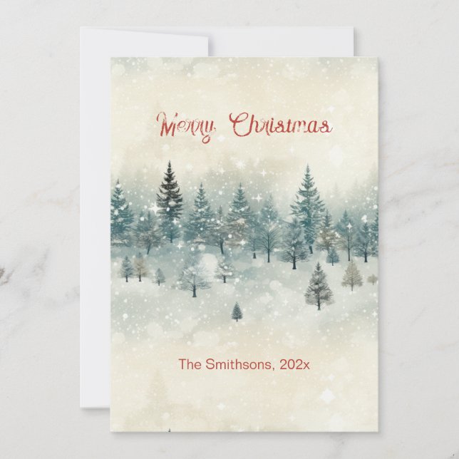 Vintage Snowy Pine Trees Christmas Card (Front)