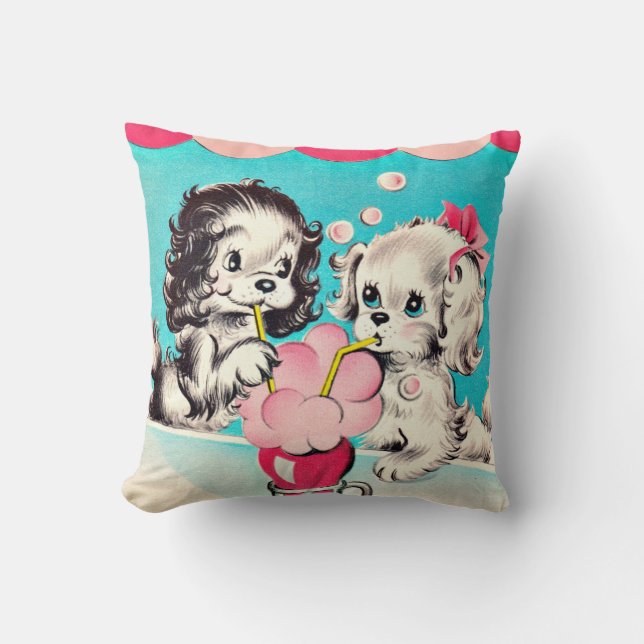 Vintage Soda Shop Puppies Throw Pillow (Front)