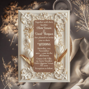Vintage Soft Ivory Gold Baroque Scrollwork Tulips  Invitation