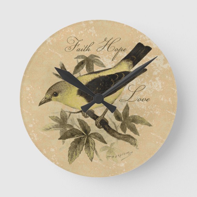 Vintage Songbird Bird Faith Hope Love Wall Clock (Front)
