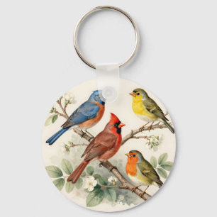 Vintage Songbird Blossom Branch Illustration Keychain