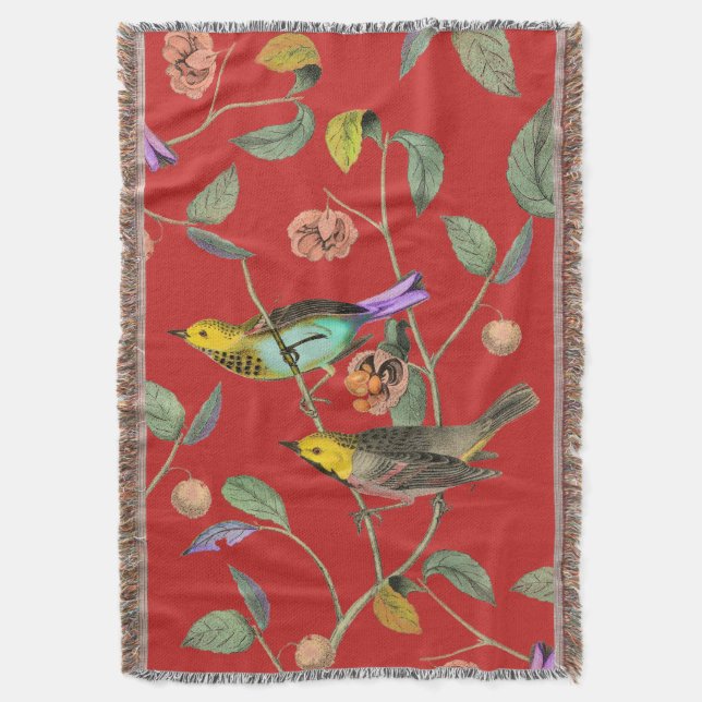 Vintage Songbird Red Throw Blanket (Front Vertical)