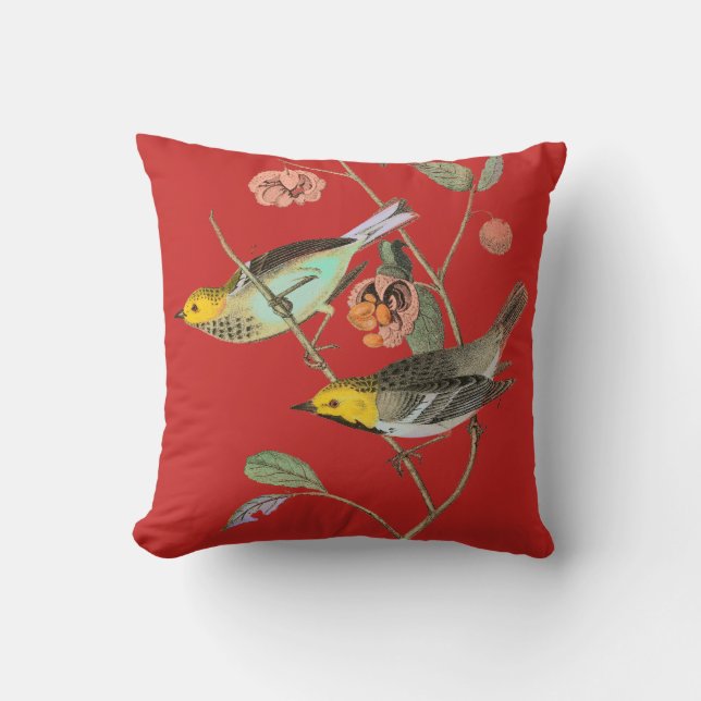 Vintage Songbird Red Throw Pillow (Front)