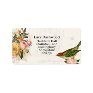 Vintage songbird with gold and blush pink roses label