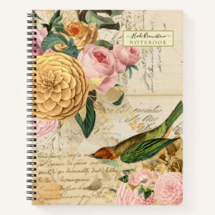 Vintage songbird with gold and blush roses notebook
