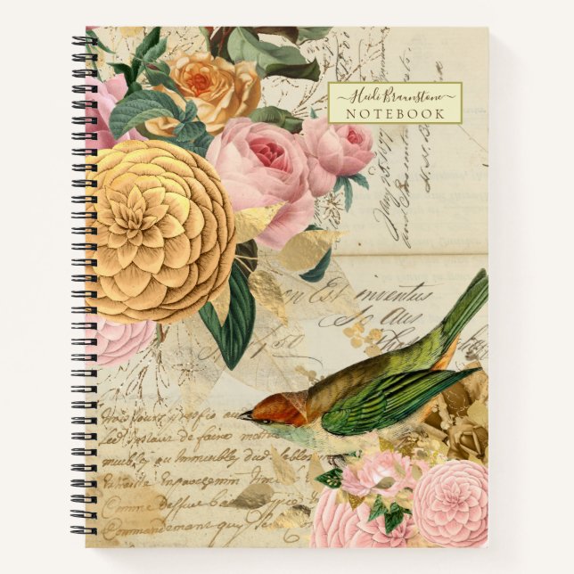 Vintage songbird with gold and blush roses notebook (Front)