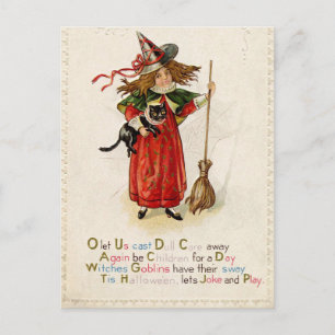 Vintage sorcière chat noir Carte postale de vacanc