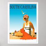 Vintage South Carolina Beach Scene Poster<br><div class="desc">A retro poster that never was until now. A creative redo of an old poster that should have been. South Carolina in retro style from the art deco era. Bright colours with a woman on the beach under a blue sky.</div>