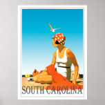 Vintage South Carolina Beach Scene Poster<br><div class="desc">A retro poster that never was until now. A creative redo of an old poster that should have been. South Carolina in retro style from the art deco era. Bright colors with a woman on the beach under a blue sky.</div>