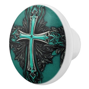 Vintage Southern Teal Western Country Cross  Ceramic Knob
