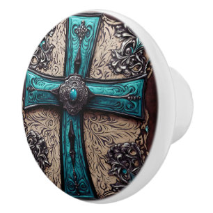 Vintage Southern Turquoise Western Country Cross  Ceramic Knob