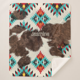 Vintage Southwest Cowhide Turquoise Aztec Pattern Sherpa Blanket