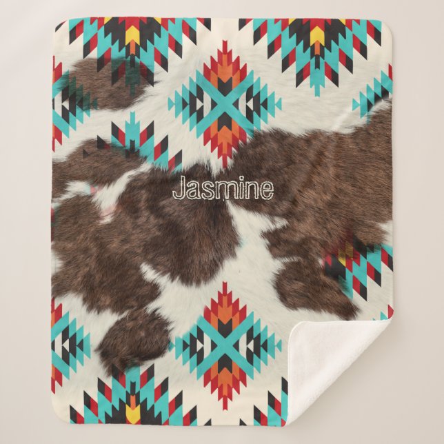 Vintage Southwest Cowhide Turquoise Aztec Pattern Sherpa Blanket (Front)