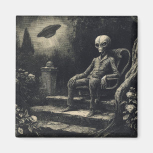 Vintage Space Alien and UFO Antique Engraving Magnet