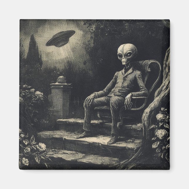 Vintage Space Alien and UFO Antique Engraving  Magnet (Front)