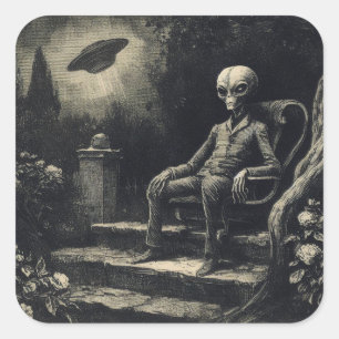 Vintage Space Alien and UFO Antique Engraving  Square Sticker