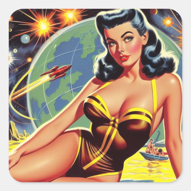 Vintage Space Pin-up Square Sticker (Front)