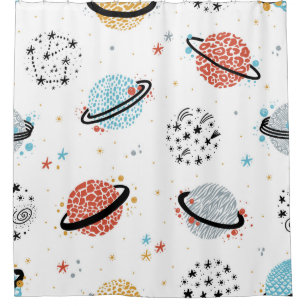 vintage Space Seamless Pattern with Doodle Saturn