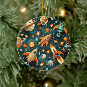 Vintage Spacecraft Rocket Ships Pattern -Cosmos(3) Ceramic Ornament