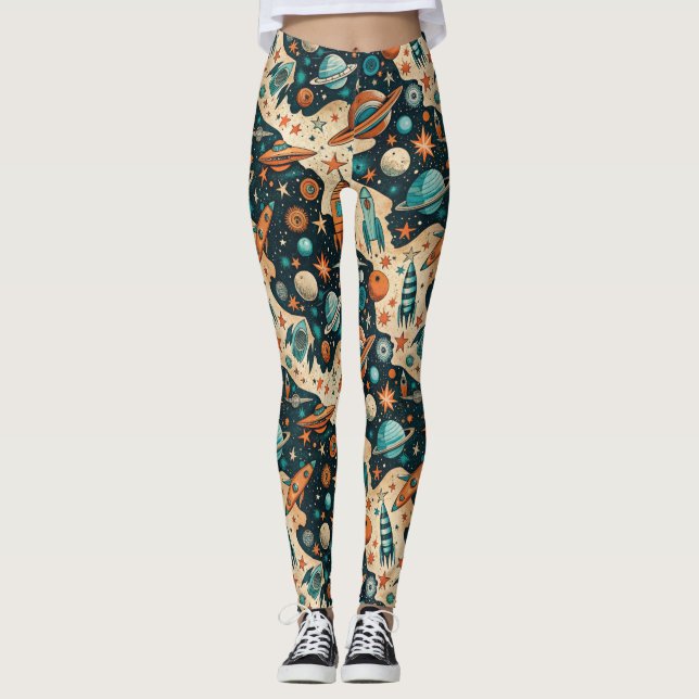 Vintage Spacecraft Rocket Ships Pattern -Cosmos(4) Leggings (Front)