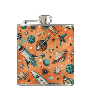 Vintage Spacecraft Rocket Ships Pattern -Cosmos(5) Hip Flask