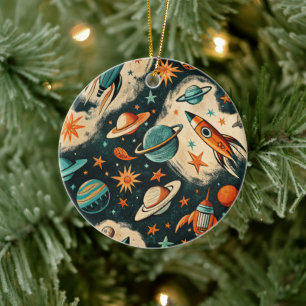 Vintage Spacecraft Rocket Ships Pattern -Cosmos(6) Ceramic Ornament