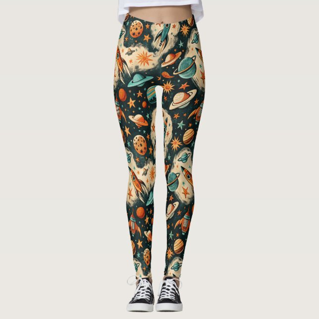 Vintage Spacecraft Rocket Ships Pattern -Cosmos(6) Leggings (Front)
