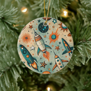 Vintage Spacecraft Rocket Ships Pattern -Cosmos(7) Ceramic Ornament