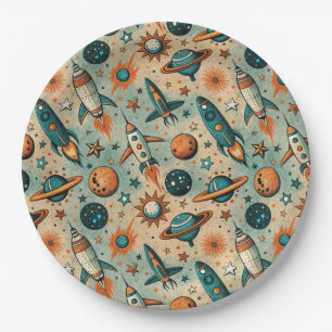 Vintage Spacecraft Rocket Ships Pattern -Cosmos(7) Paper Plate