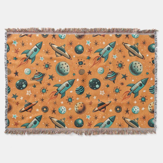 Vintage Spacecraft Rocket Ships Pattern -Cosmos Throw Blanket (Front)