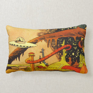 Vintage Spaceship Scene Lumbar Pillow