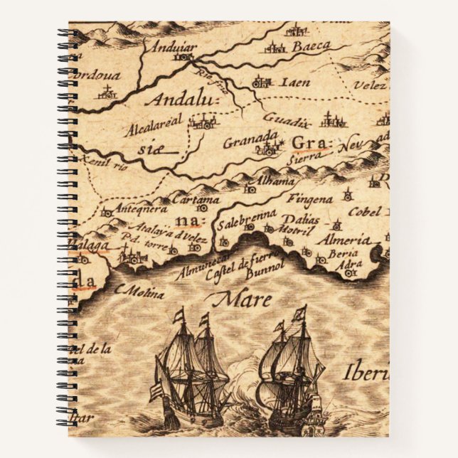 Vintage Spanish Coast Map with Sailing Galleons Notebook (Front)