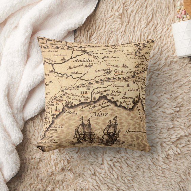 Vintage Spanish Coast Map with Sailing Galleons Throw Pillow (Blanket)