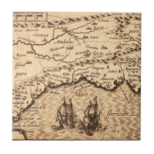 Vintage Spanish Coast Map with Sailing Galleons Tile