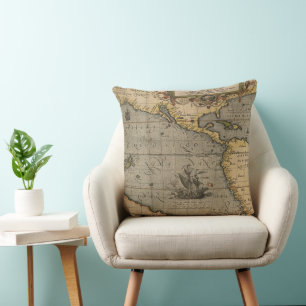 Vintage Spanish Galleon on an Old Pacific Map Throw Pillow