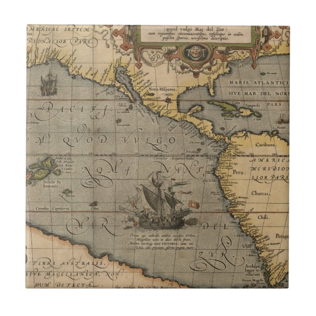 Vintage Spanish Galleon on an Old Pacific Map Tile (Front)