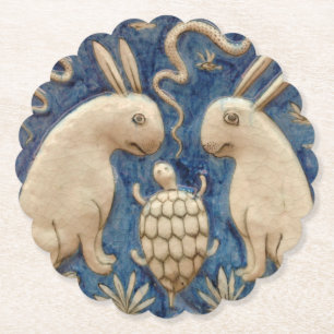 Vintage Spanish Tile Animal Rabbit Tortoise Blue Paper Coaster