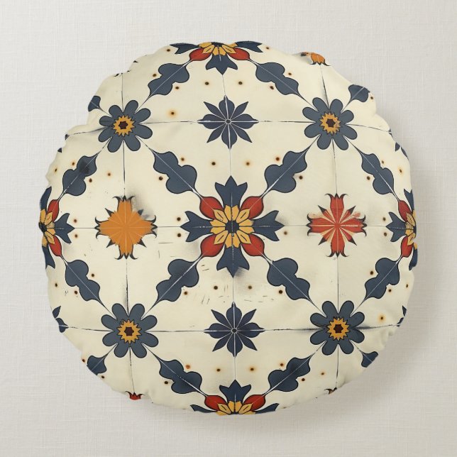 Vintage Spanish Tile Pattern Round Pillow (Front)